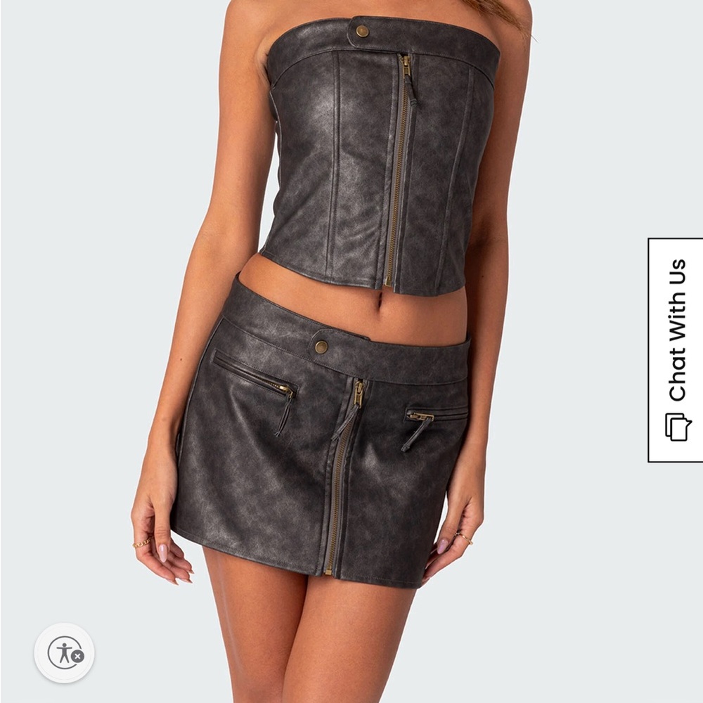 Black Faux Leather Lace-Up Corset Top and skirt set